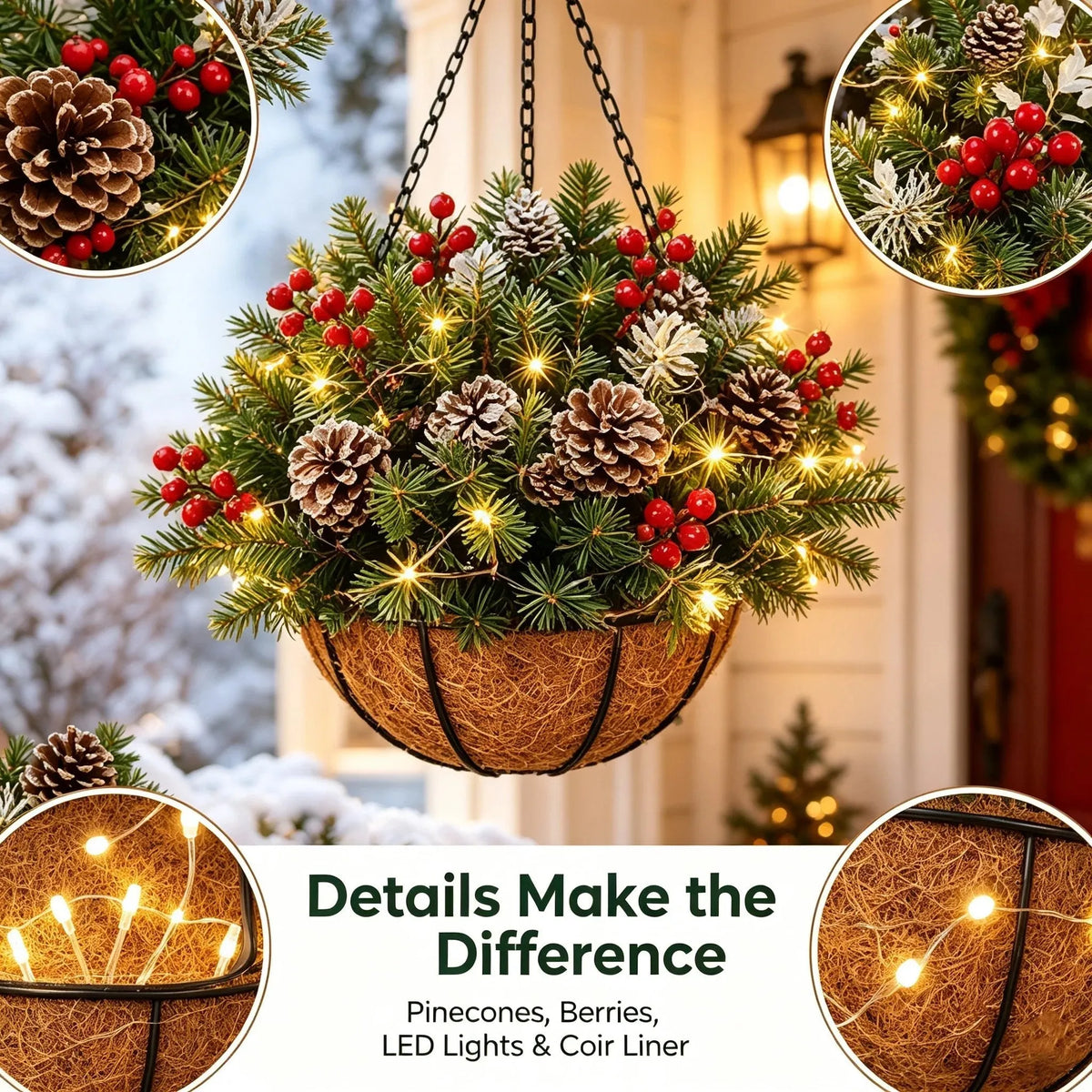 Close-up collage of pinecones, red berries, fairy lights and the coconut-fibre liner around a lit hanging basket 3