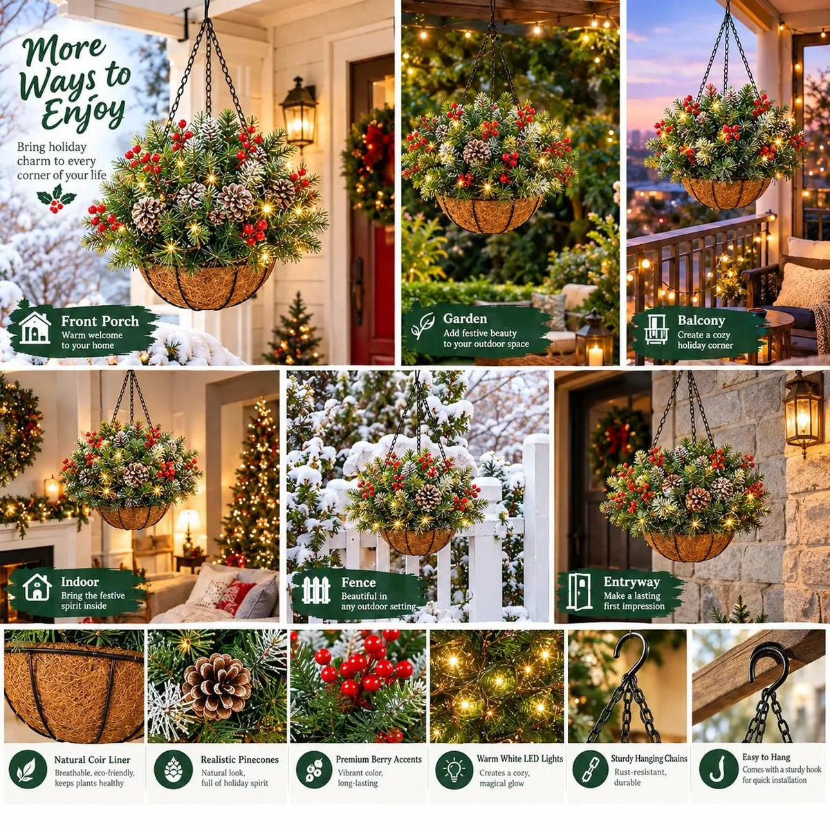 Collage showing the basket hung on a porch, in a garden, indoors and on a fence, with feature close-ups 5
