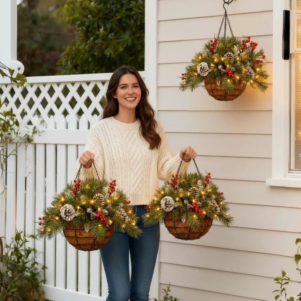 Smiling woman in a cream jumper holds two lit baskets while a third hangs on the wall behind 6