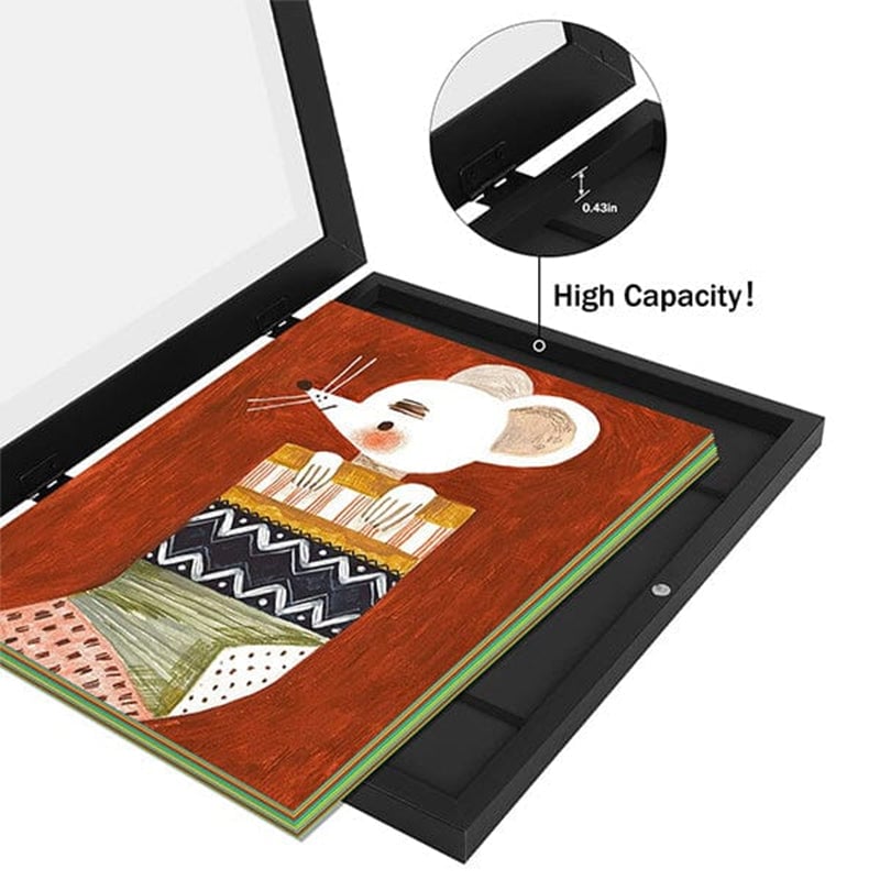 Black frame opened to show a thick stack of drawings stored inside, with a close-up of the depth. 10