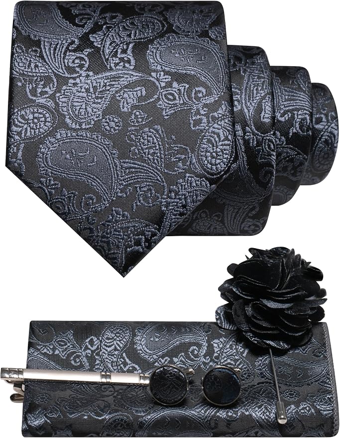 Black paisley tie set with grey-blue pattern: rolled tie, pocket square, tie clip, cufflinks and flower lapel pin. 36