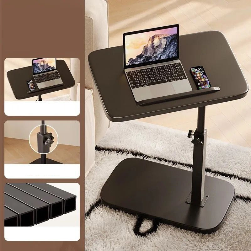 All-black version of the desk on a shaggy rug, with insets showing the height knob and square steel tubing. 5