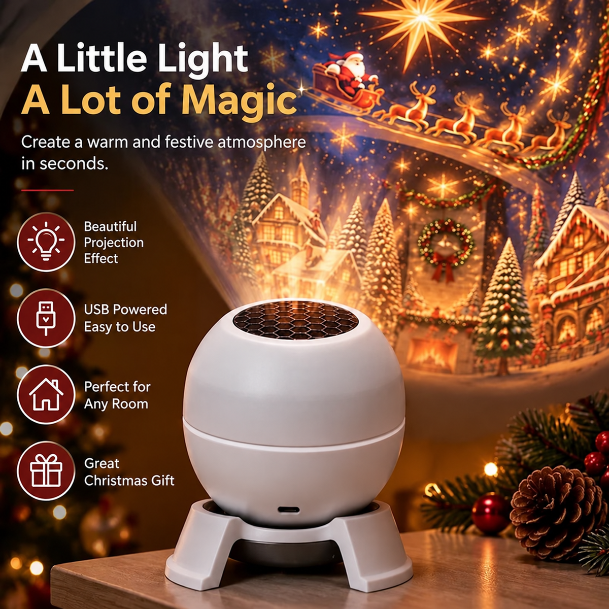 Close view of the white projector with honeycomb top and stand, with icons listing its features beside a projected festive village scene. 4