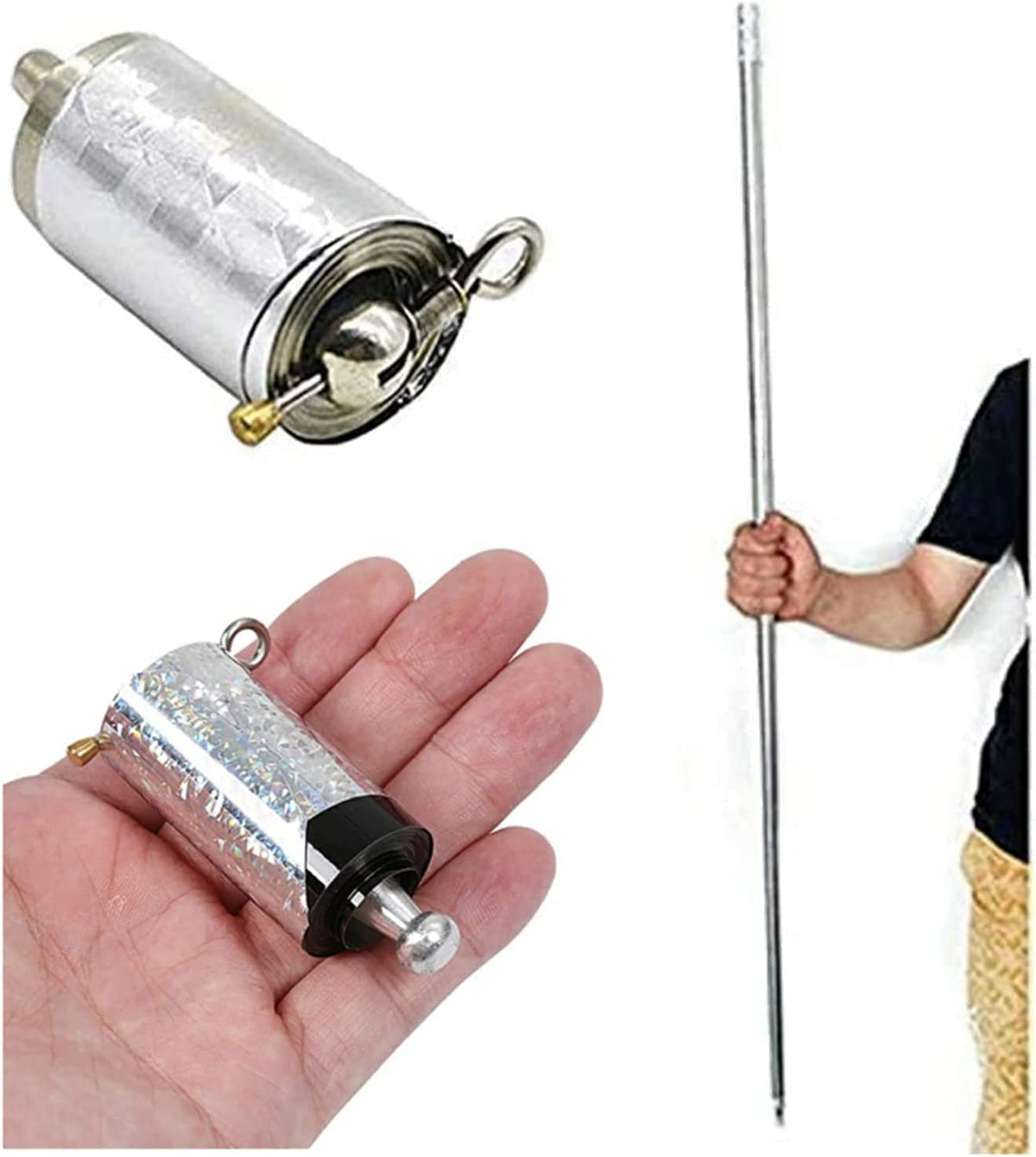 Collage of the small cylinder shown from two angles, one on a palm, beside the extended wand 6