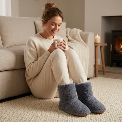 Smiling woman in cream loungewear sits on the floor holding a mug, wearing grey plush slippers by a stove. 4