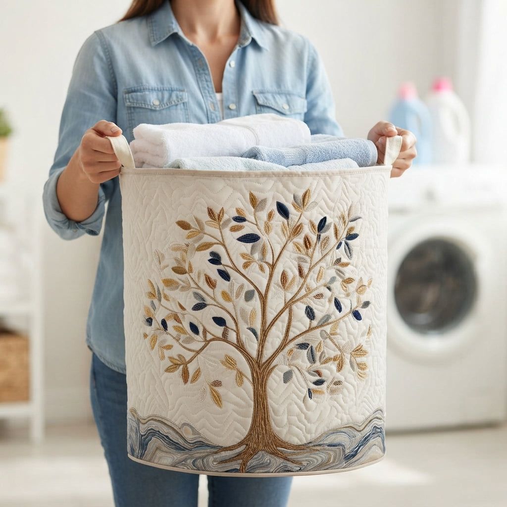 Woman in a denim shirt carries the basket by its handles, filled with folded towels 3