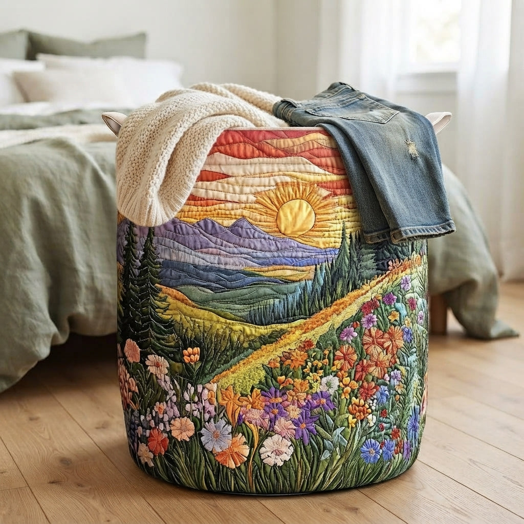 Basket standing on a wooden bedroom floor next to a bed, with a cream knit jumper and jeans draped over the rim. 4