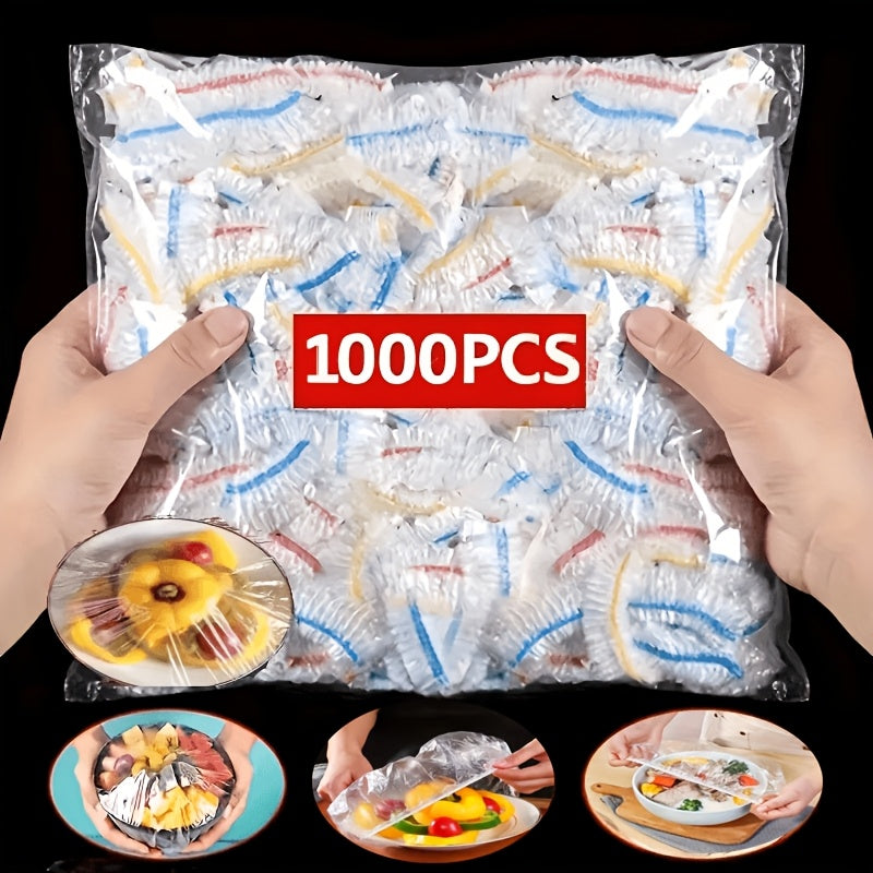 Two hands holding the sealed bag of covers, with small insets showing them stretched over bowls and plates of fruit and vegetables. 2