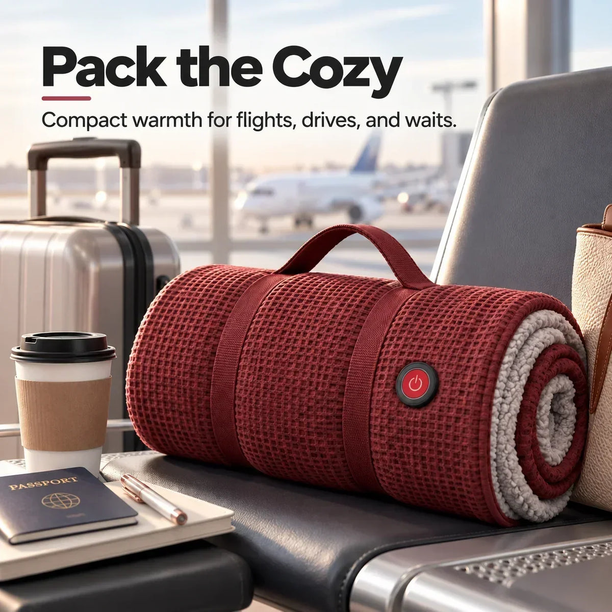 Rolled red wrap with handle, strap and power button on an airport seat beside a coffee and passport 12