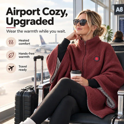Woman in a red waffle-knit zip-up wrap holding a coffee in an airport seat beside a suitcase 1