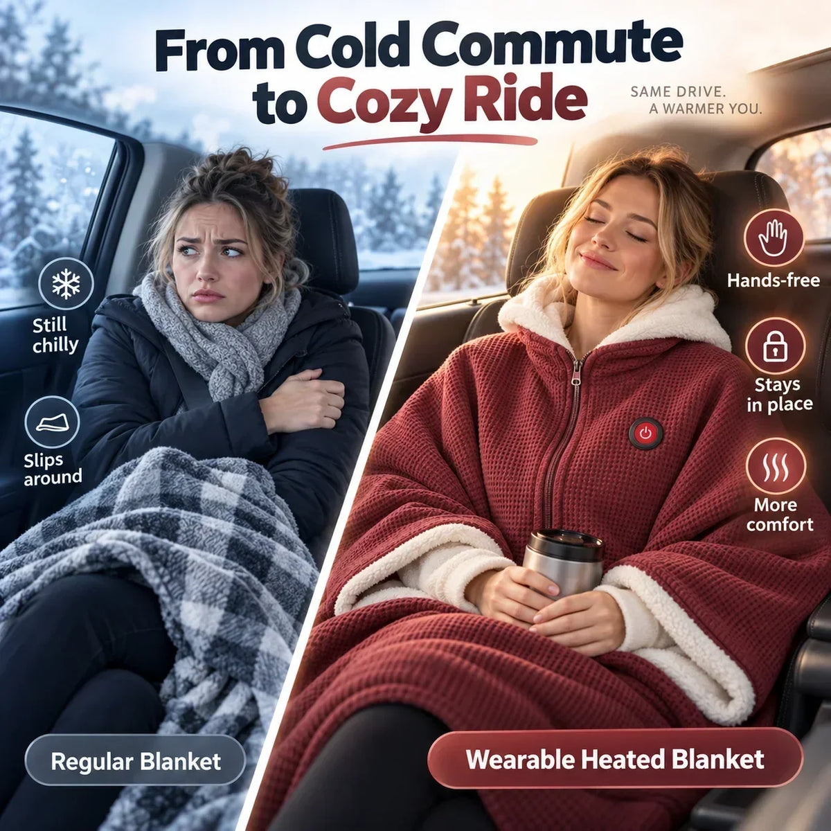 Split image comparing a woman shivering under a plaid blanket with another cosy in the red wrap 4
