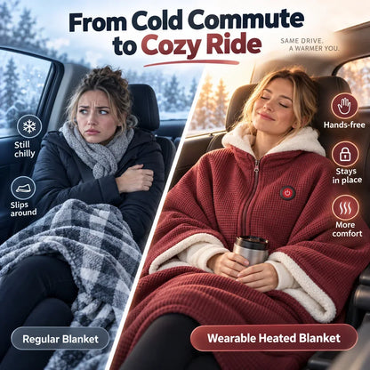 Split image comparing a woman shivering under a plaid blanket with another cosy in the red wrap 4
