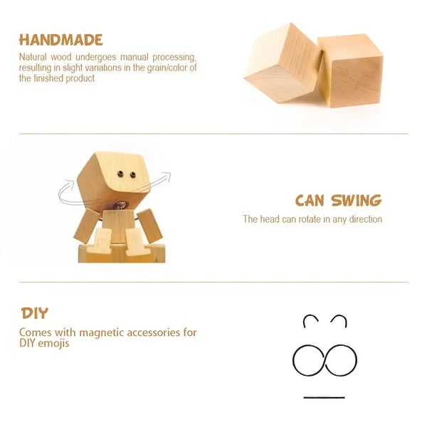 Infographic with two wooden blocks, the figure's head turning in any direction, and loose magnetic face pieces for making your own expressions. 3