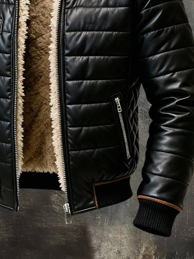 Lower detail of the open jacket showing zipped side pocket, ribbed brown-edged cuff and hem, and fleece 6