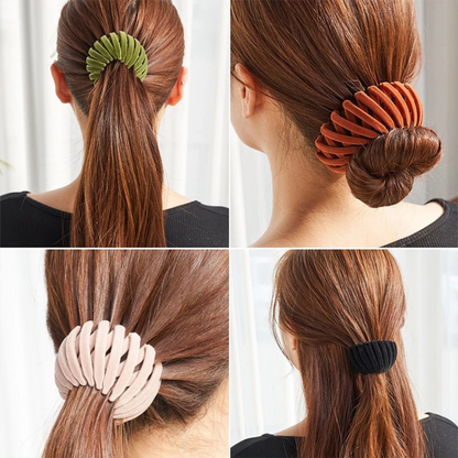 Four close-up views from behind of velvety clips in green, rust, pale pink and black holding ponytails and a bun. 3