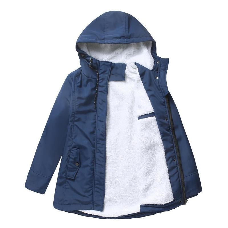 Blue parka laid flat and open, showing the white fleece lining and flap pocket 7