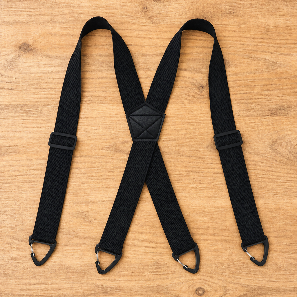 Black X-back suspenders laid flat on a wooden surface, with plastic triangular clips and a stitched centre patch. 8