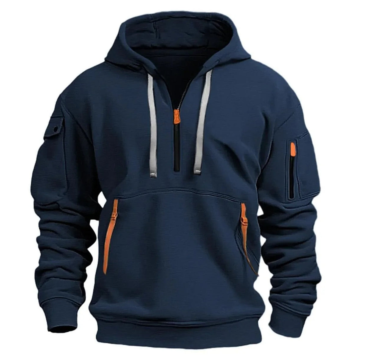 Navy blue version shown from the front, with pale grey drawstrings, orange zip details and a flap pocket on the sleeve. 4