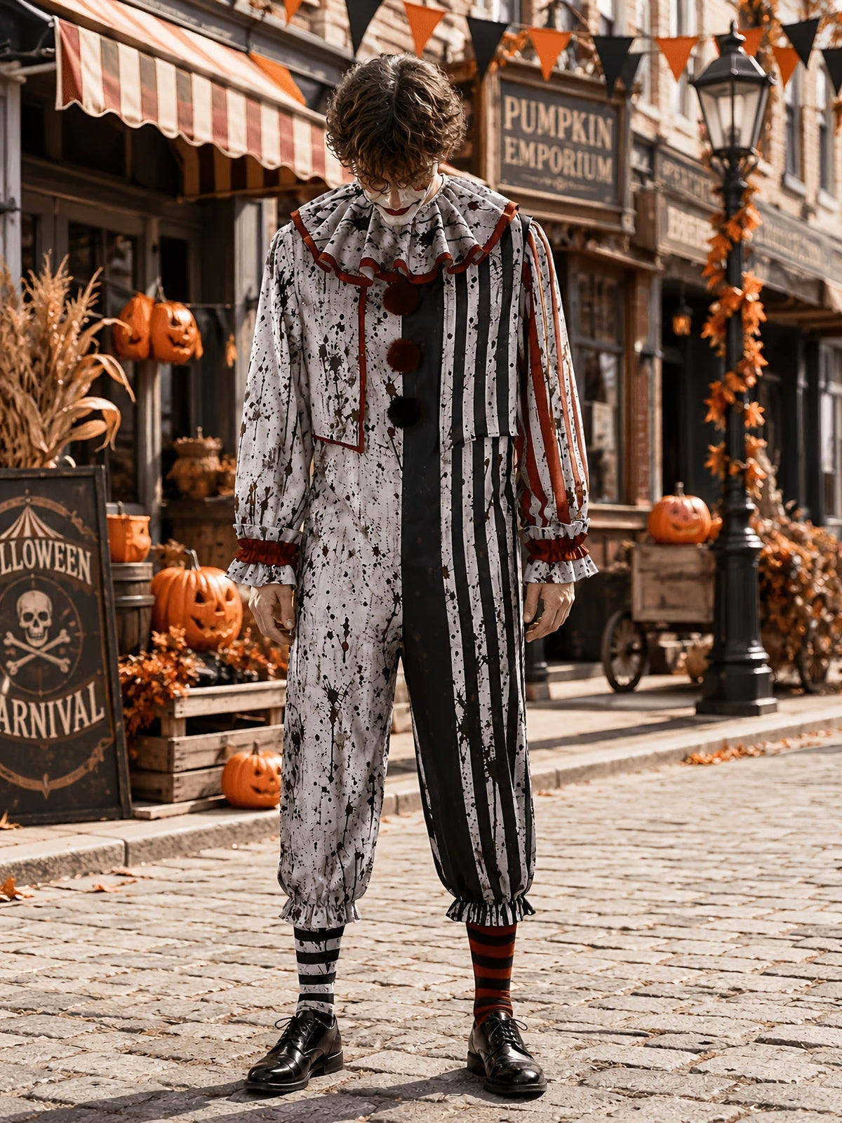 Full-length front view of a model in the splattered grey and black striped clown jumpsuit with ruffled collar, pom-pom buttons and striped socks. 1