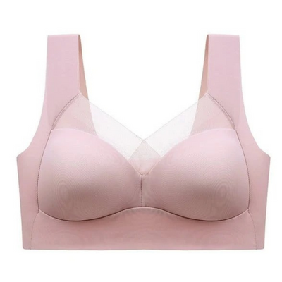 Single pink seamless bra shown flat from the front, with smooth cups, wide straps and a sheer mesh panel at the neckline. 11