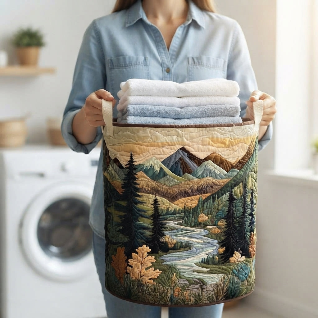 Woman in a denim shirt carries the basket by its cream handles, filled with folded white and blue towels, in a laundry room. 3