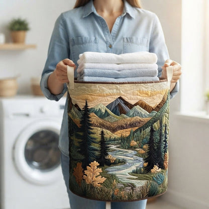 Woman in a denim shirt carries the basket by its cream handles, filled with folded white and blue towels, in a laundry room. 3