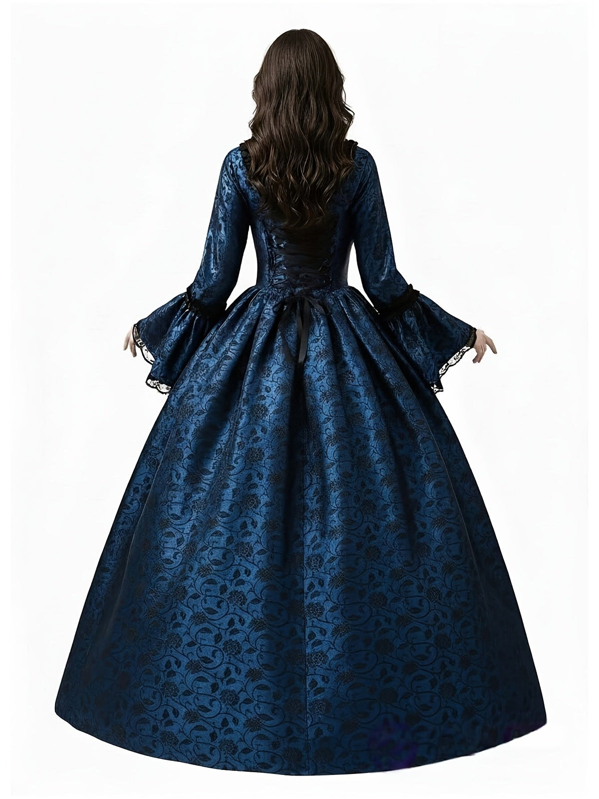 Back view of the navy floral brocade gown, showing corset-style lacing, ribbon bow and lace-edged flared sleeves. 4