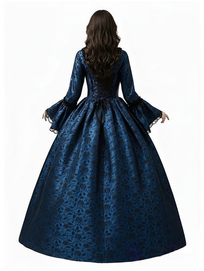 Back view of the navy floral brocade gown, showing corset-style lacing, ribbon bow and lace-edged flared sleeves. 4