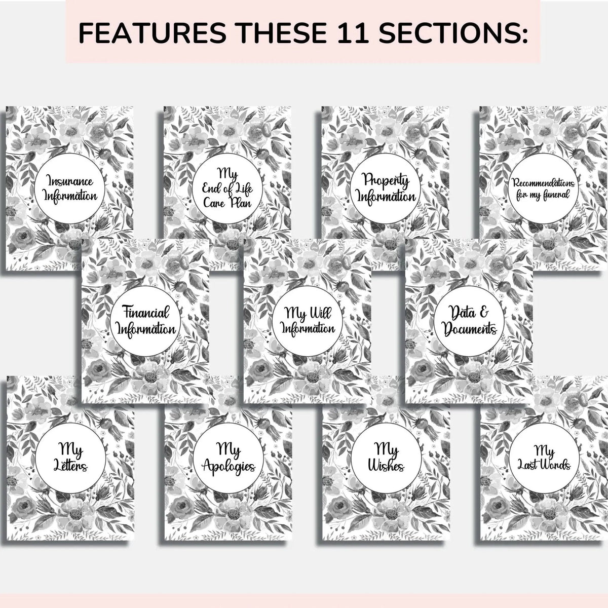 Grid of eleven floral section dividers covering insurance, care plan, property, funeral, finances, will, documents, letters, apologies, wishes and last words. 8