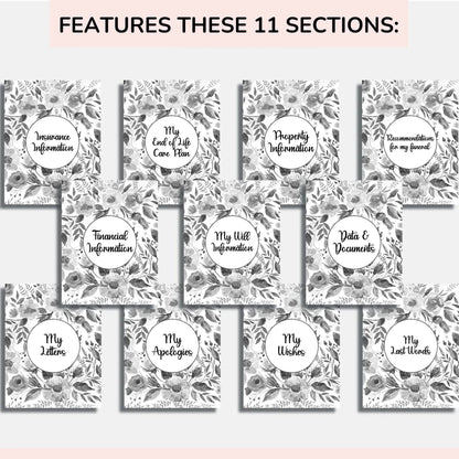 Grid of eleven floral section dividers covering insurance, care plan, property, funeral, finances, will, documents, letters, apologies, wishes and last words. 8