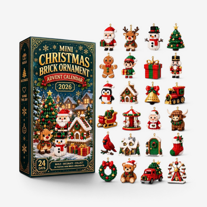 Dark green advent calendar box beside all 24 brick ornaments arranged in a grid on a plain white background. 1