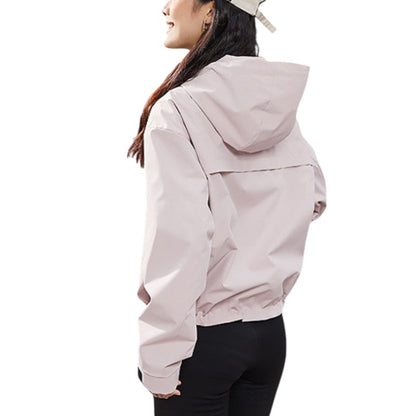 Back view of the pale pink jacket, showing the hood, back seam and gathered hem 12