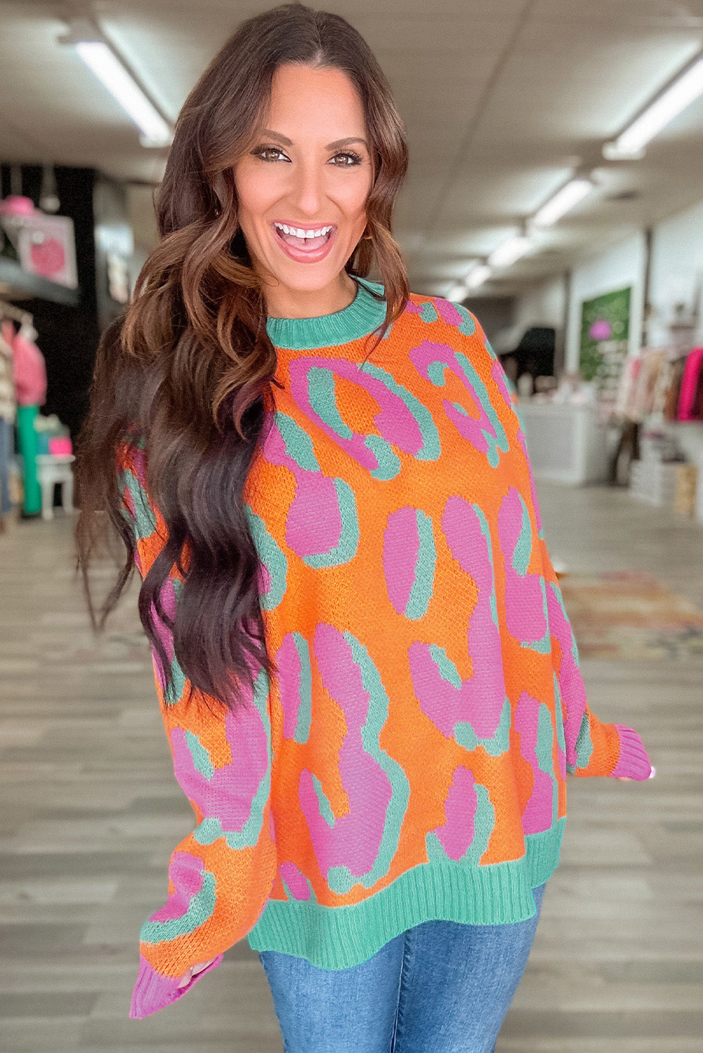 Ladies' Sweater With Colour Block Leopard Print And Round Neck - Liora