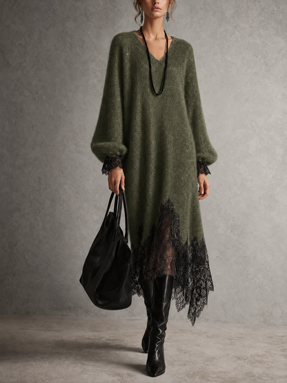 Same dress in an olive green colourway, styled with black boots and a tote 10