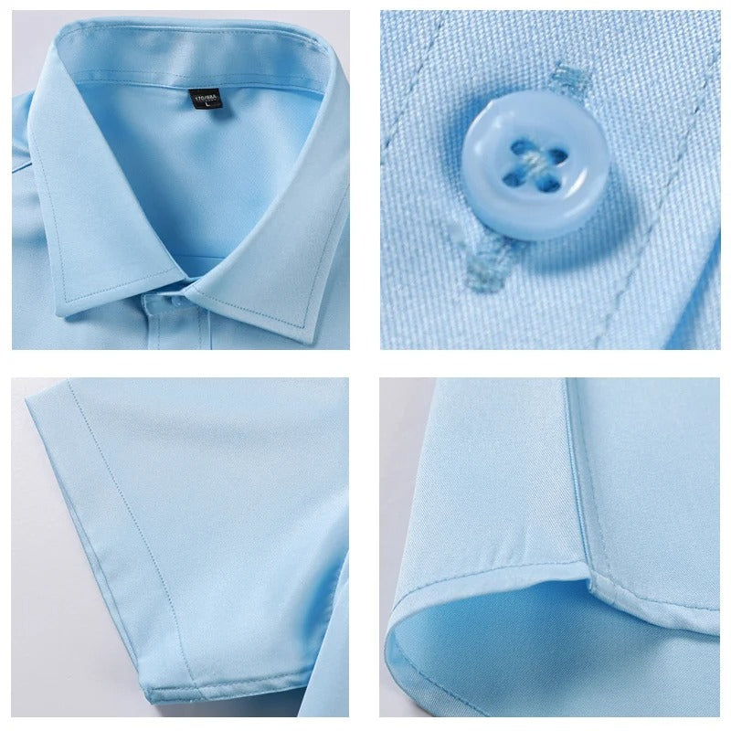 Four close-up details of the light blue shirt: collar, four-hole button, sleeve hem and shirt hem 5