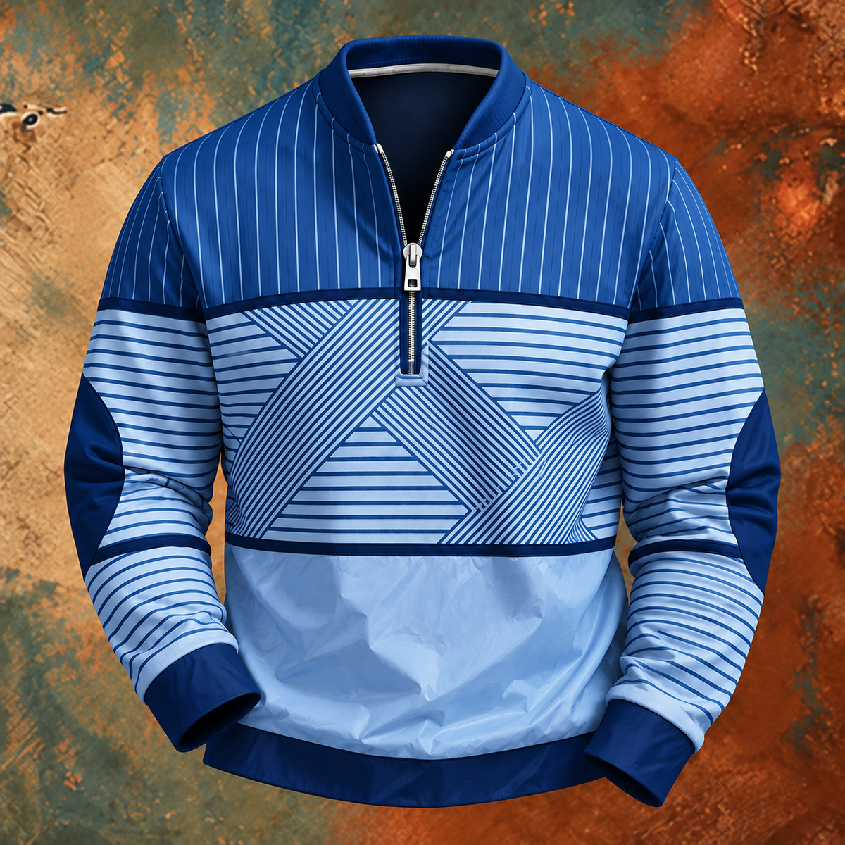 Royal blue and pale blue version of the half-zip pullover, with striped sleeves and a geometric panel across the chest. 4