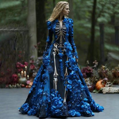 Model wearing the long-sleeved skeleton-print maxi dress with blue textured roses over the black bodice and flared skirt, with autumn flowers behind. 3