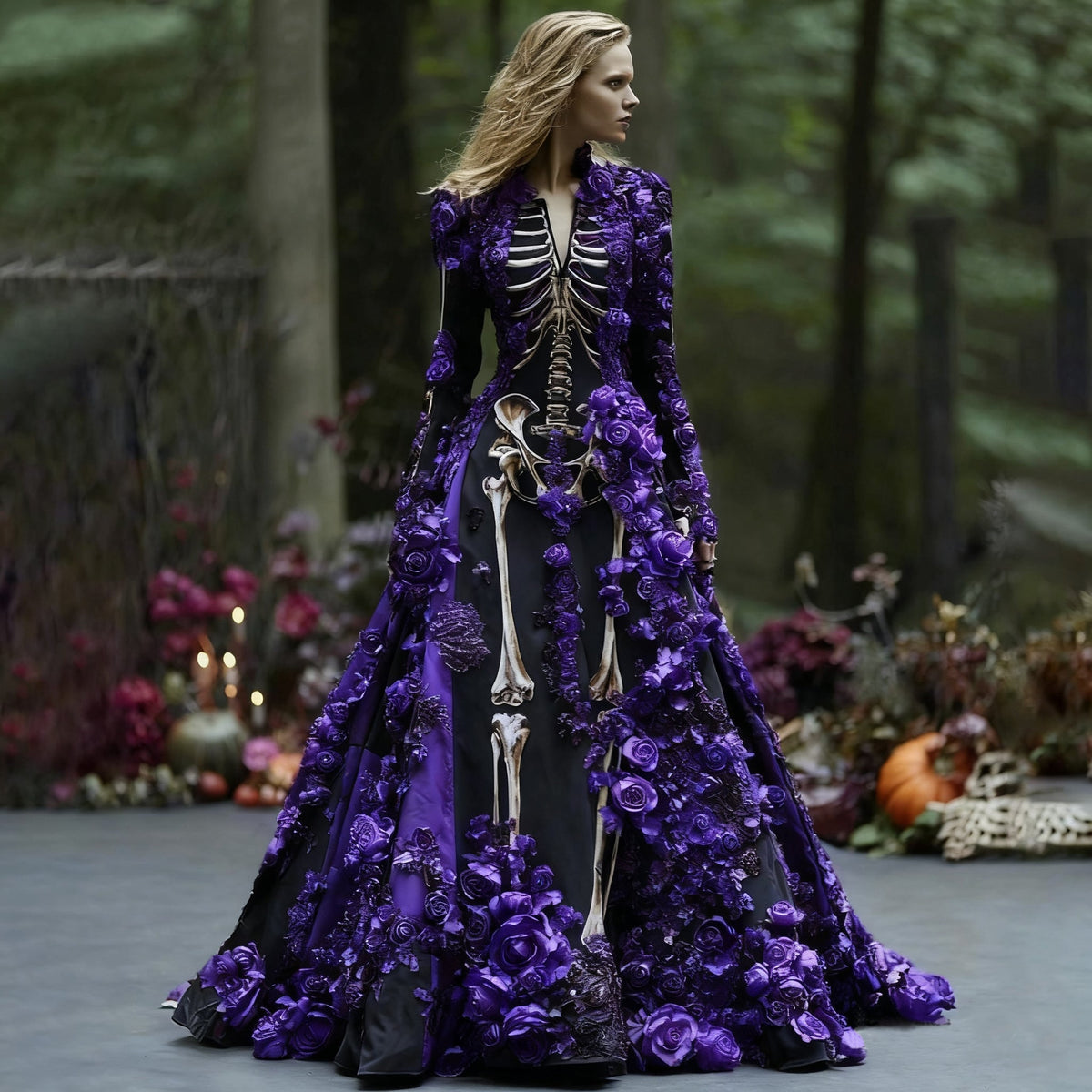Model wearing the black skeleton-print maxi dress with purple three-dimensional roses along the sleeves and flowing skirt, in a woodland setting. 6