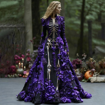 Model wearing the black skeleton-print maxi dress with purple three-dimensional roses along the sleeves and flowing skirt, in a woodland setting. 6