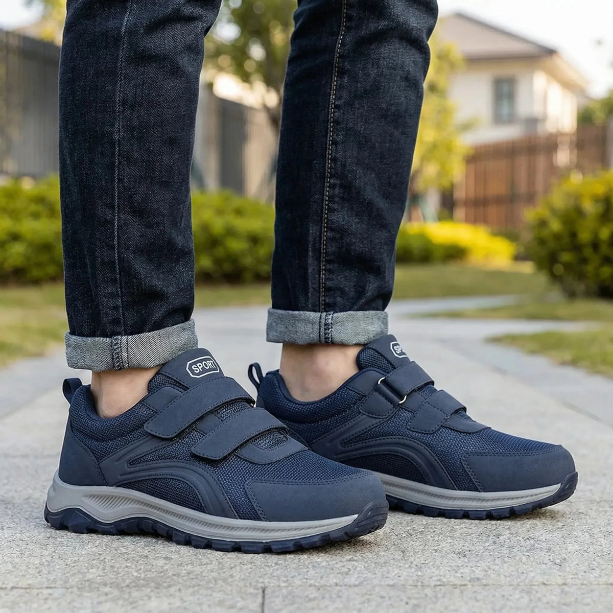 Navy shoes with two straps worn outdoors with rolled dark jeans on a paved garden path 1