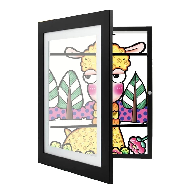 Black frame with the hinged front opened slightly, showing a cartoon llama drawing displayed behind the glass. 1