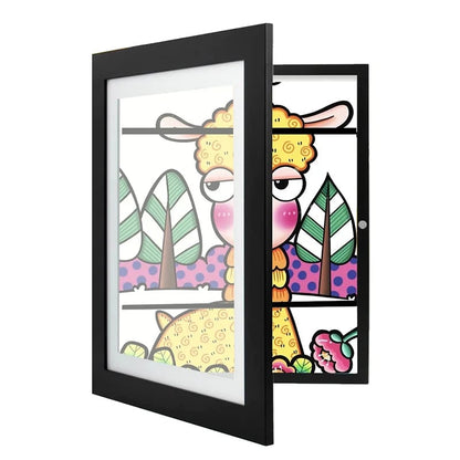 Black frame with the hinged front opened slightly, showing a cartoon llama drawing displayed behind the glass. 1
