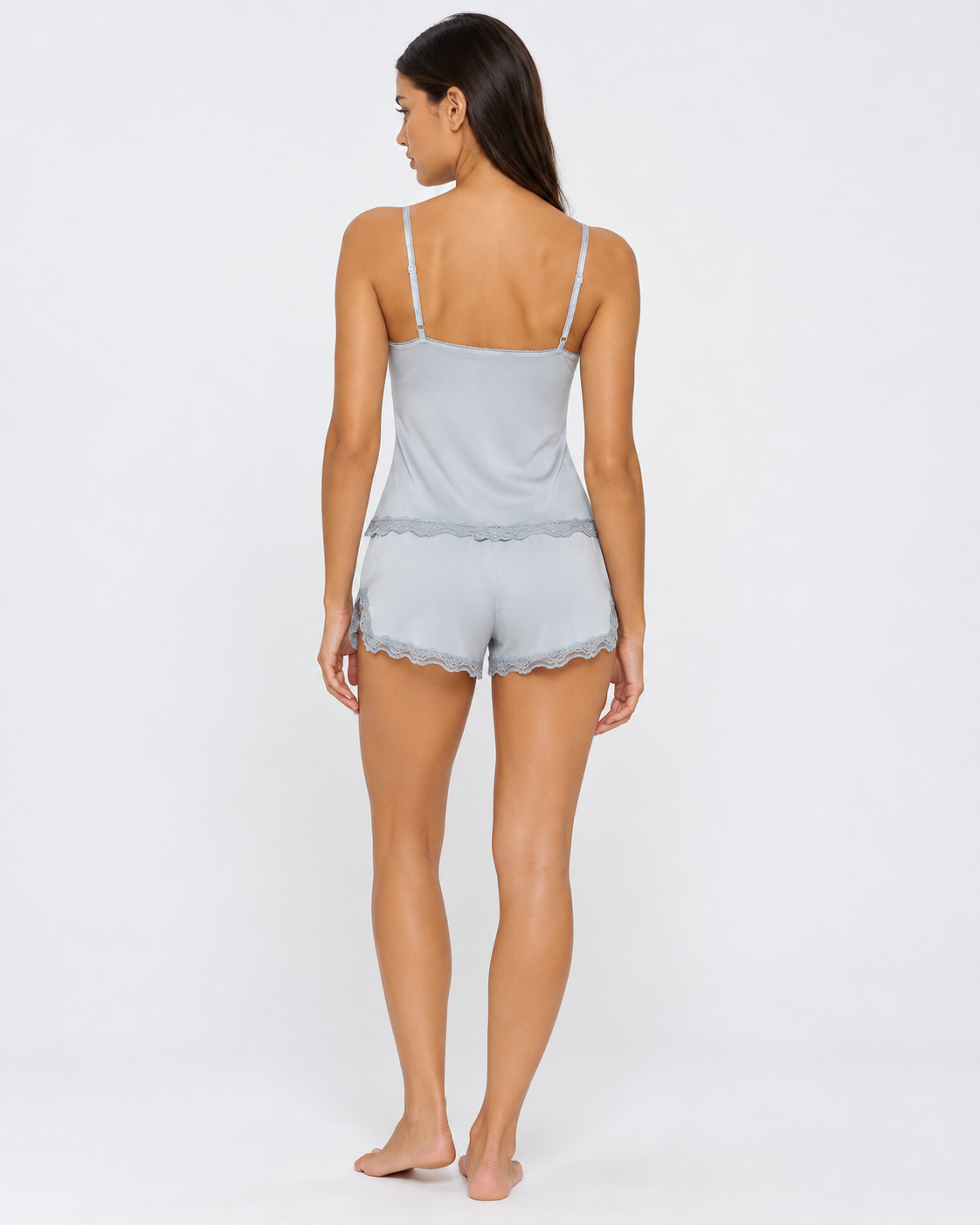 Full-length back view of the pale grey-blue set, showing plain back and lace-edged shorts 35