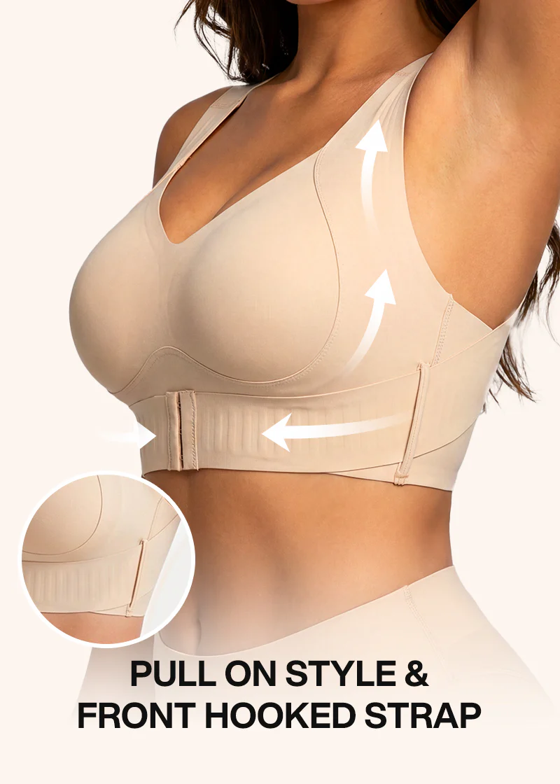 Model with arm raised wearing the beige bra, with arrows showing the lifting direction and an inset of the side fastening. 7