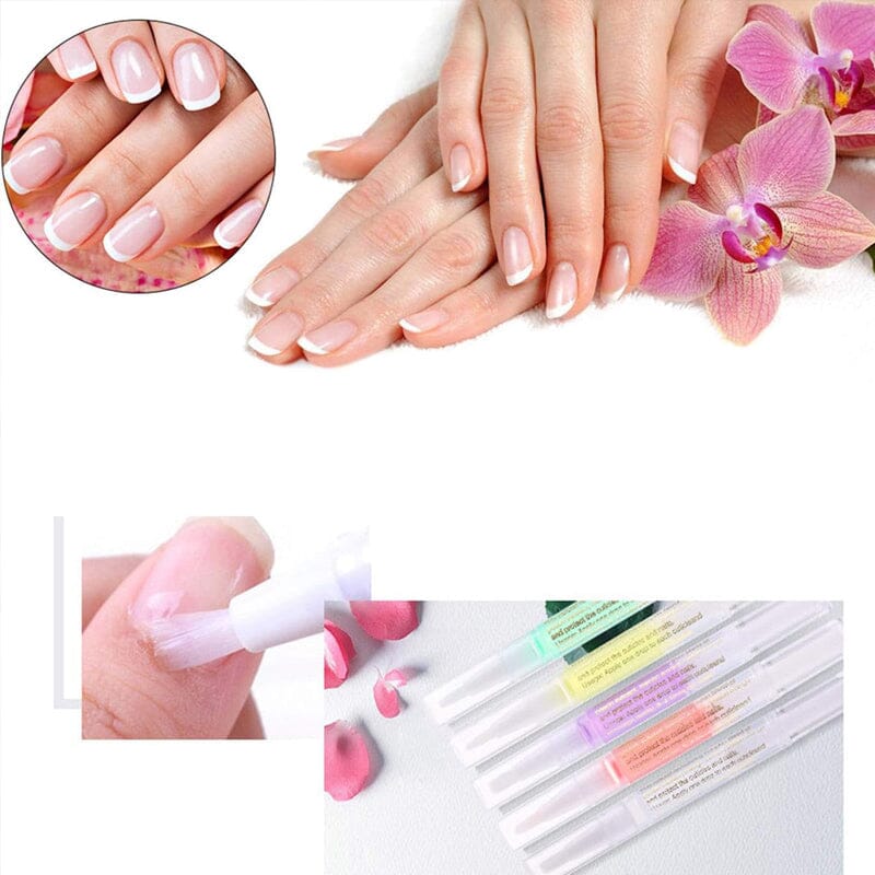 Manicured hands beside an orchid, a brush applying oil to a nail, and a row of coloured pens 10