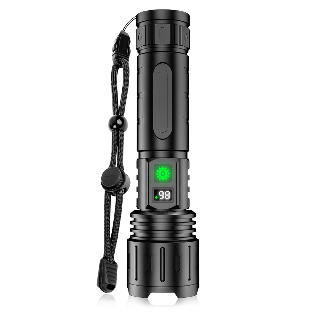 Black aluminium-style torch standing upright on white, showing its braided wrist lanyard, grooved head and glowing green button beside a battery percentage disp 1