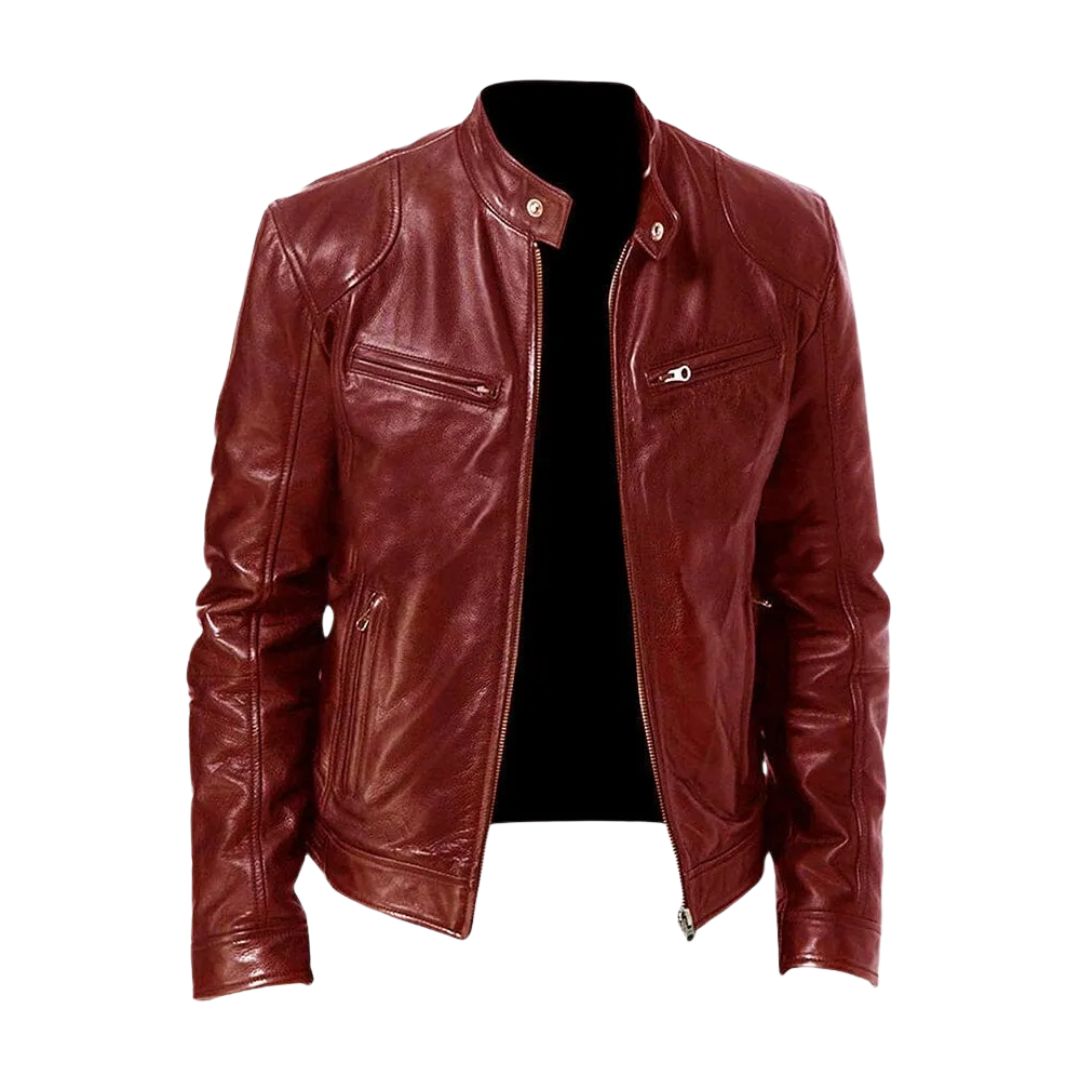 Burgundy red version of the stand-collar leather jacket, shown unzipped from the front with snap collar tabs and zipped pockets. 6