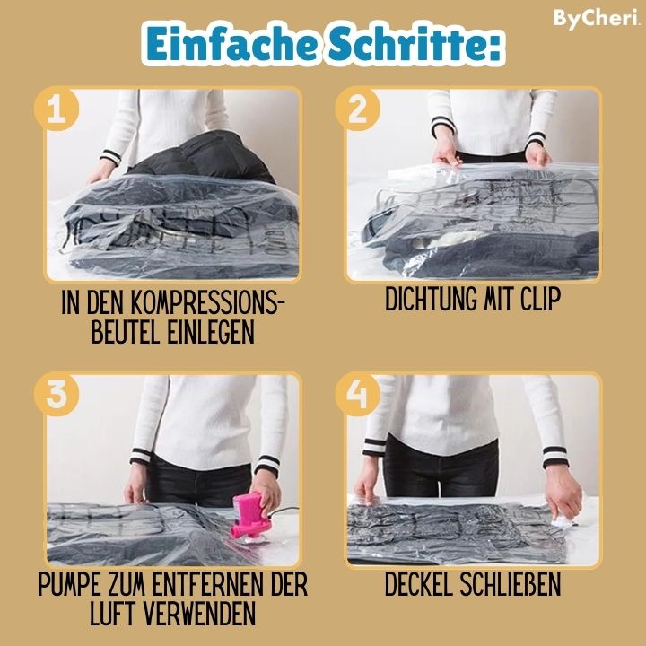 Four-step sequence showing clothes placed in the bag, the seal closed, air removed with a pink electric pump, and the valve cap closed. 9