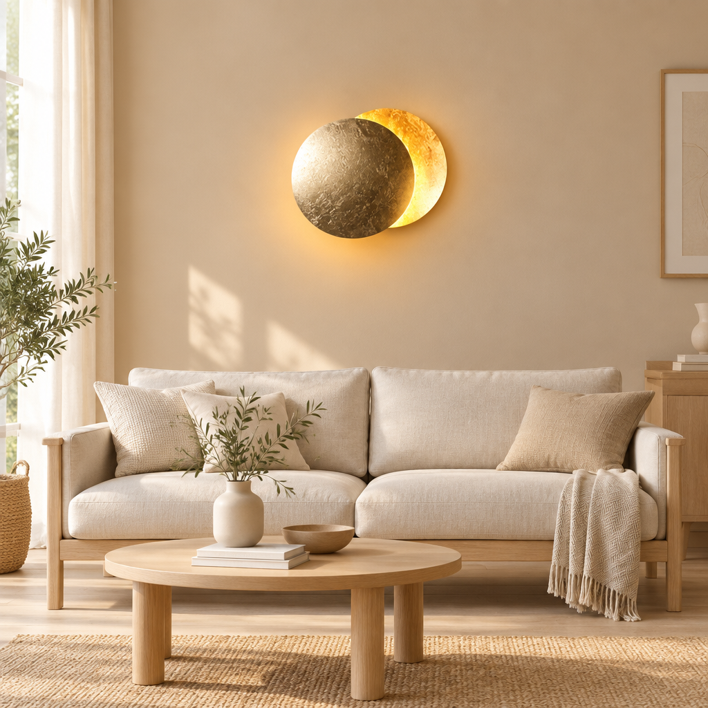 Gold-leaf disc wall light glowing above a cream sofa in a bright, neutral living room 1