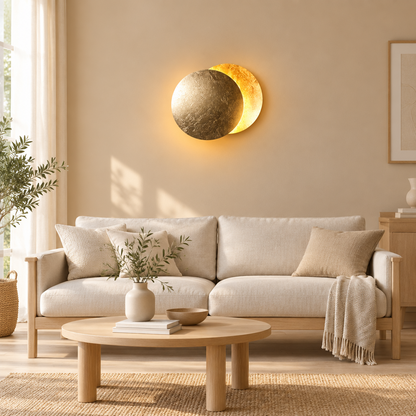 Gold-leaf disc wall light glowing above a cream sofa in a bright, neutral living room 1